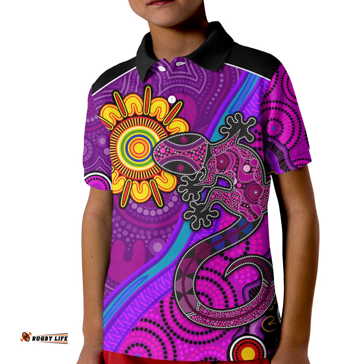 Australia Lizard and Sun Polo Shirt KID Aboriginal Art Purple