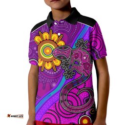 Australia Lizard and Sun Polo Shirt KID Aboriginal Art Purple