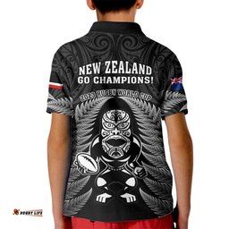 New Zealand Aotearoa Rugby Kid Polo Shirt NZ Tiki With Maori Fern World Cup Black Version