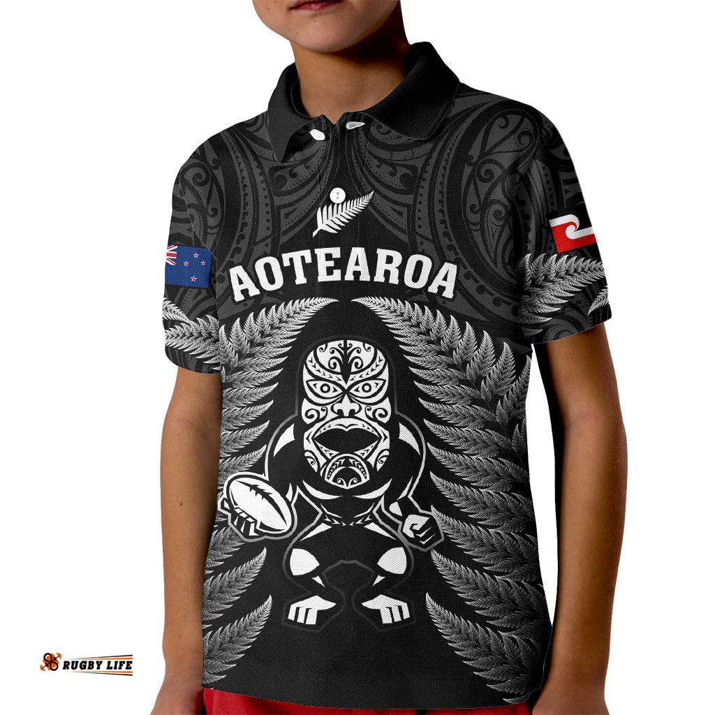 New Zealand Aotearoa Rugby Kid Polo Shirt NZ Tiki With Maori Fern World Cup Black Version