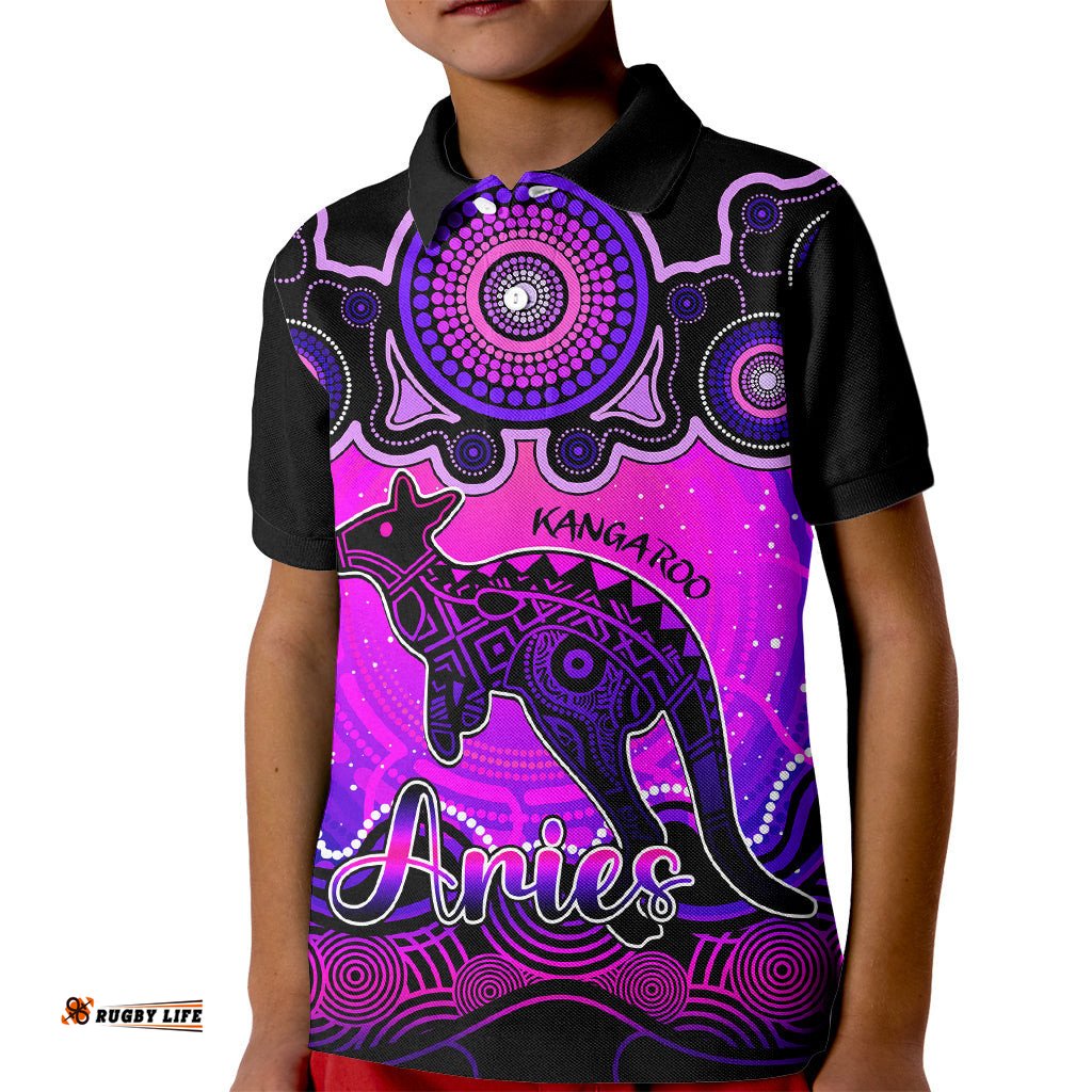 Personalised Australia Aries Kangaroo Zodiac Kid Polo Shirt Auz Astrology Aboriginal - Magenta