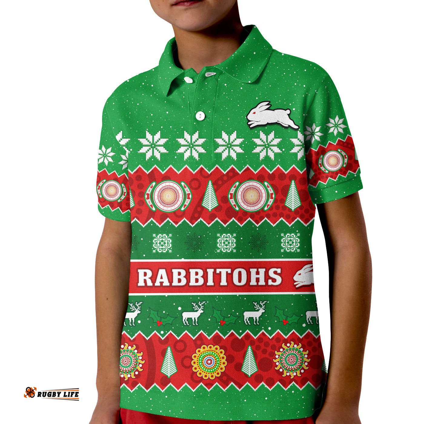 Rabbitohs Christmas Polo Shirt KID Souths Aboriginal Art Merry Xmas
