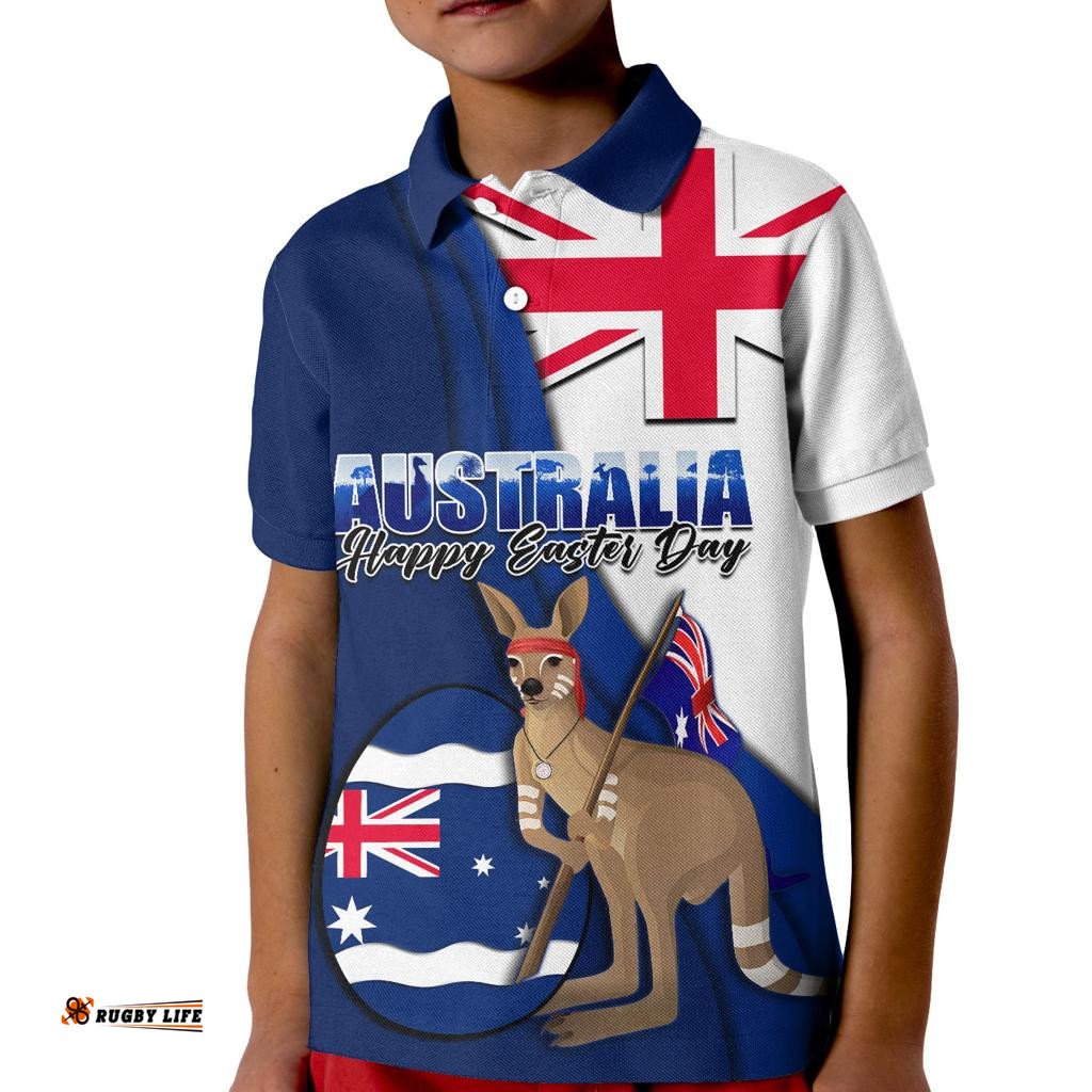 Custom Personalised Australia Easter Day Polo Shirt KID Kangaroo With Egg Flag Style