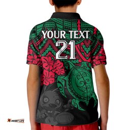 Custom Rabbitohs Rugby Kid Polo Shirt Bunnies Hibiscus and Turtle With Polynesian Pattern