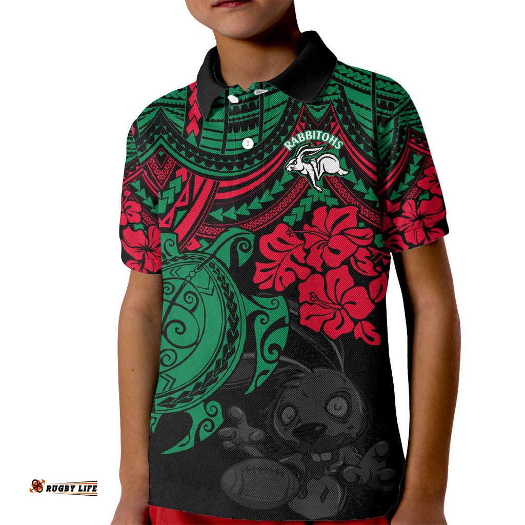 Custom Rabbitohs Rugby Kid Polo Shirt Bunnies Hibiscus and Turtle With Polynesian Pattern