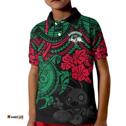 Custom Rabbitohs Rugby Kid Polo Shirt Bunnies Hibiscus and Turtle With Polynesian Pattern