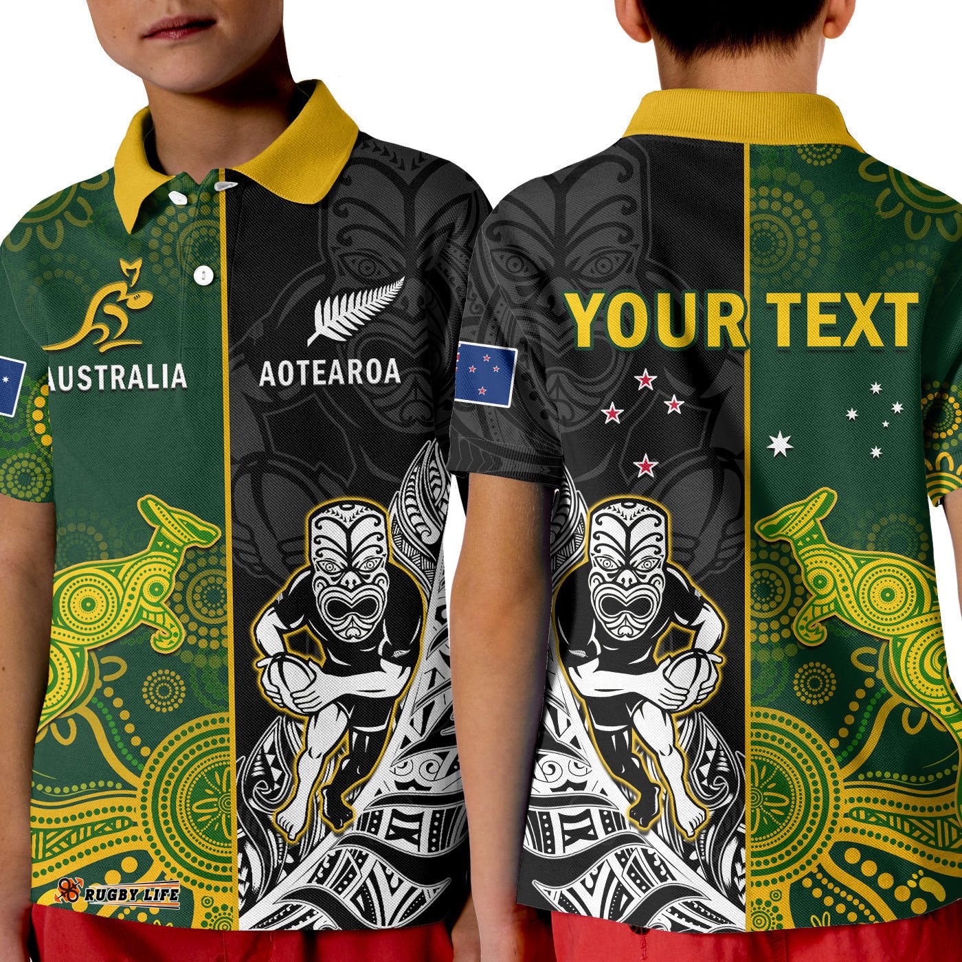 Custom Personalised Australia Rugby Mix Aotearoa Rugby Polo Shirt KID Wallabies All Black Special Version