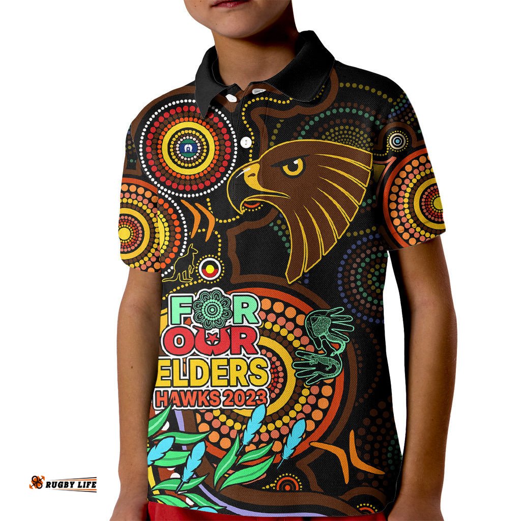 Hawks Football Aboriginal Art Kid Polo Shirt NAIDOC Indigenous Tribal