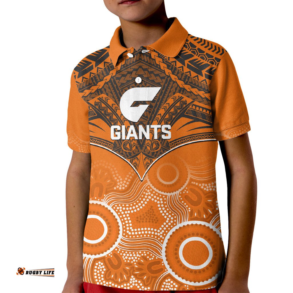 Giants Football Kid Polo Shirt GWS Aboriginal Mix Polynesian Pattern