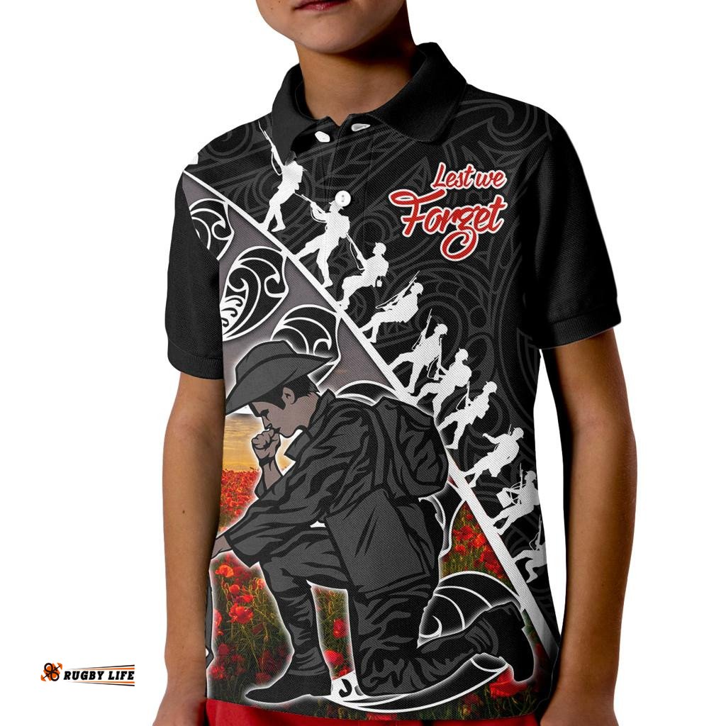 Custom Personalised Aotearoa ANZAC Day Kid Polo Shirt Maori Fern With Poppy Vibe