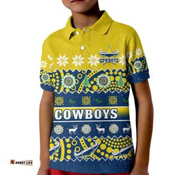 Custom Personalised Cowboys Christmas Polo Shirt KID Aboriginal Art Merry Xmas