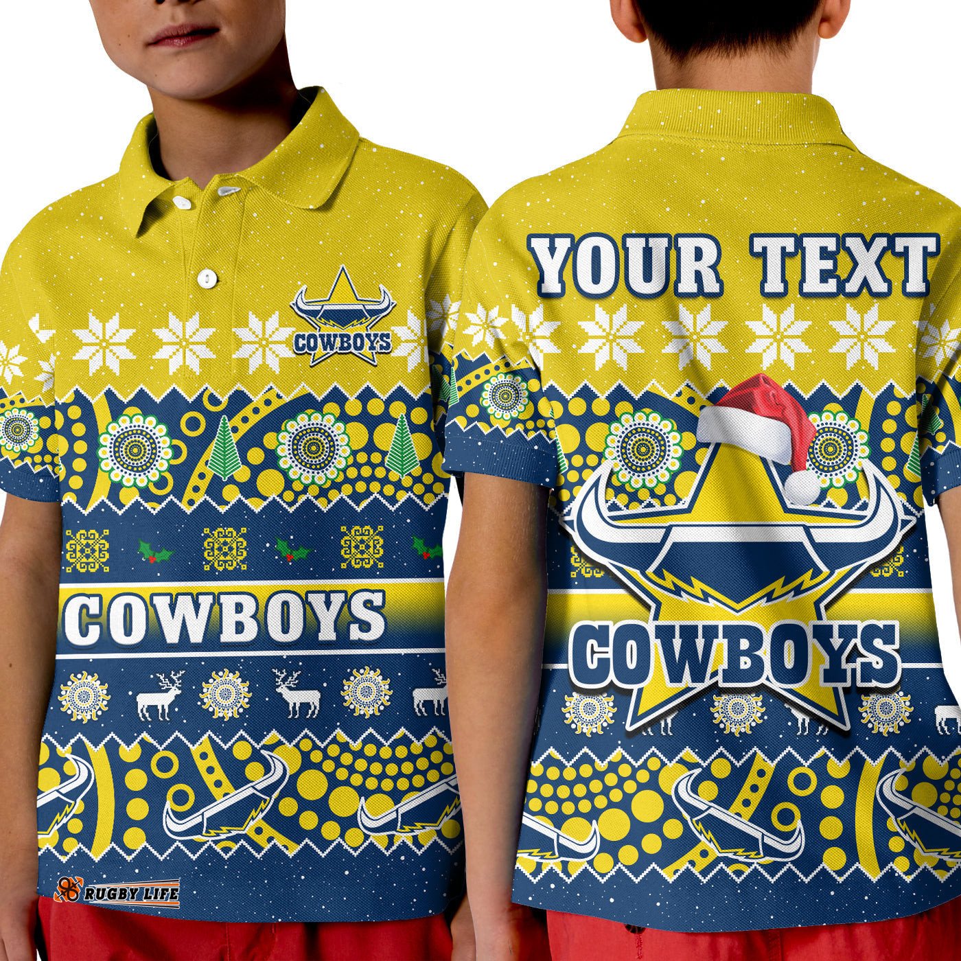 Custom Personalised Cowboys Christmas Polo Shirt KID Aboriginal Art Merry Xmas