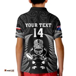 Custom New Zealand Aotearoa Rugby Kid Polo Shirt NZ Tiki With Maori Fern World Cup Black Version
