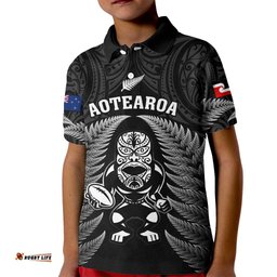 Custom New Zealand Aotearoa Rugby Kid Polo Shirt NZ Tiki With Maori Fern World Cup Black Version
