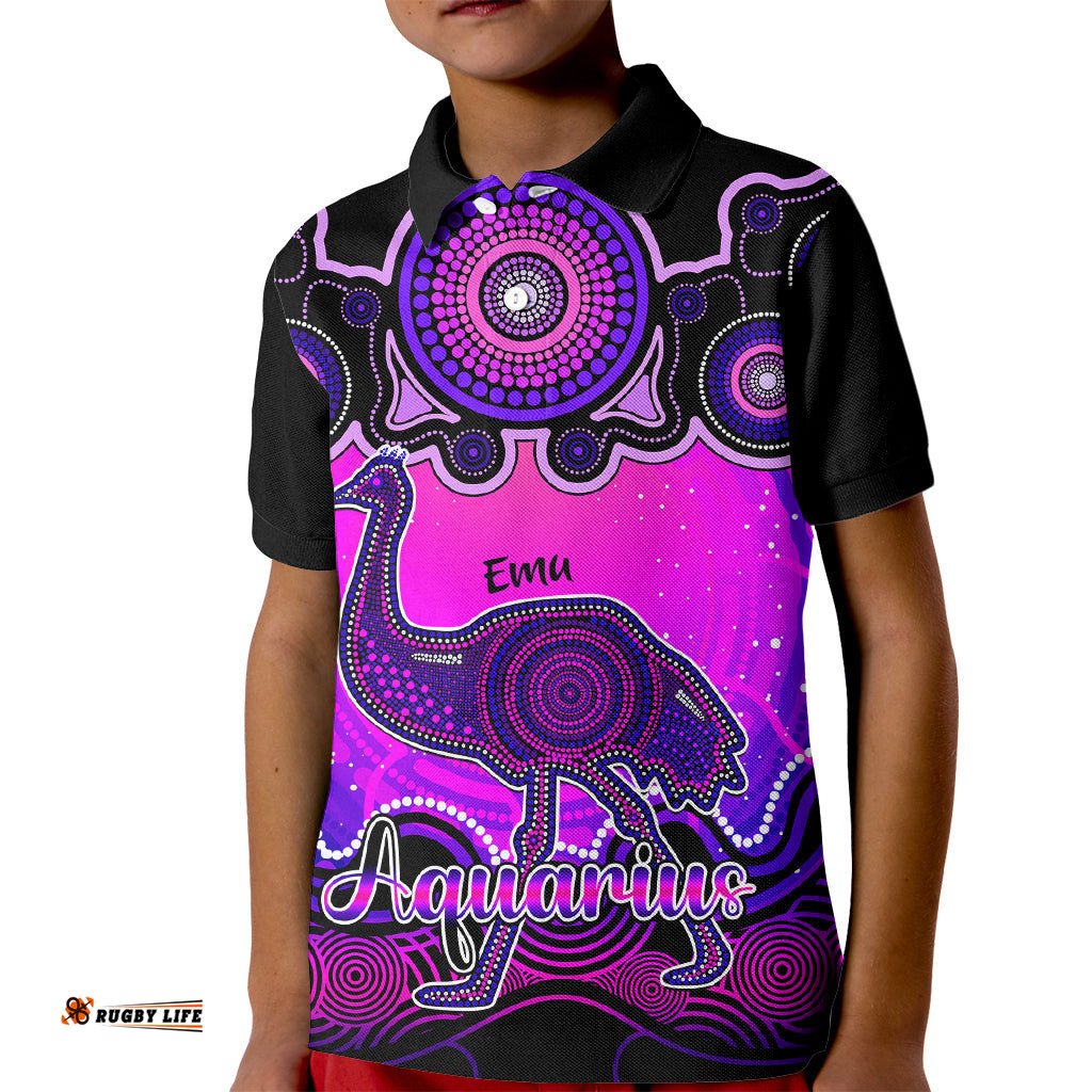 Personalised Australia Aquarius Emu Zodiac Kid Polo Shirt Auz Astrology Aboriginal - Magenta