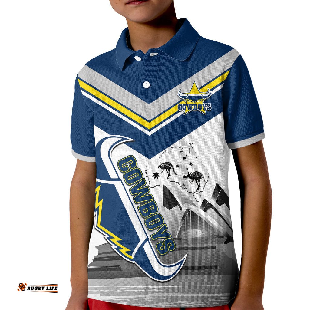 Custom Australia Day Cowboys Kid Polo Shirt NRL 2024 Sydney Opera House With Map