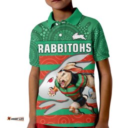 Custom Text And Number Rabbitohs Rugby Polo Shirt KID Aboriginal Dot Painting Glory Glory Sporty Style