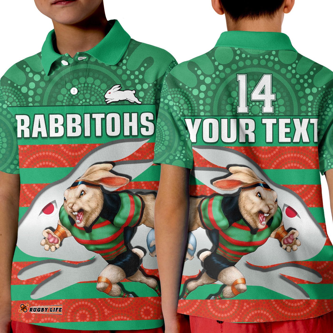 Custom Text And Number Rabbitohs Rugby Polo Shirt KID Aboriginal Dot Painting Glory Glory Sporty Style