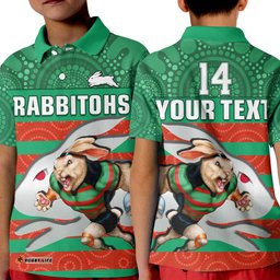 Custom Text And Number Rabbitohs Rugby Polo Shirt KID Aboriginal Dot Painting Glory Glory Sporty Style