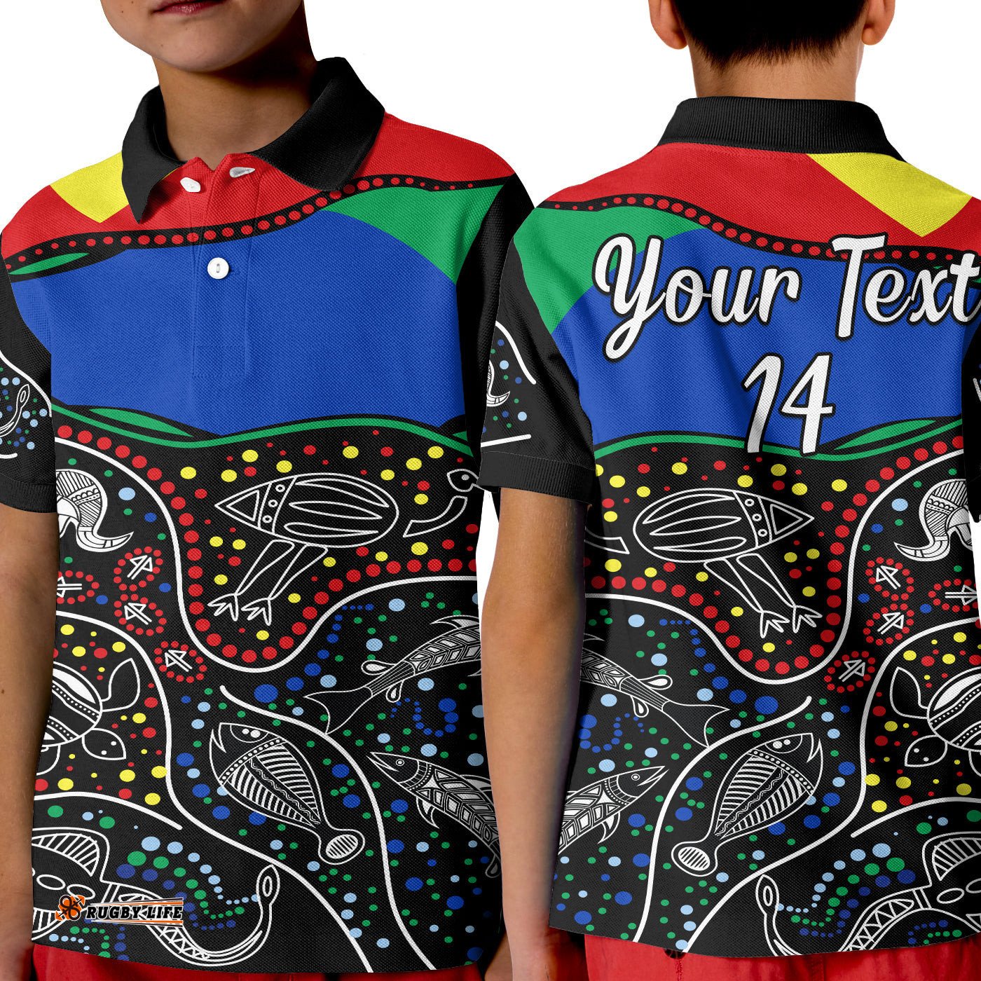 Custom Text and Number NAIDOC Week Polo Shirt KID National Aborigines And Torres Strait Islander Animals Aboriginal Art