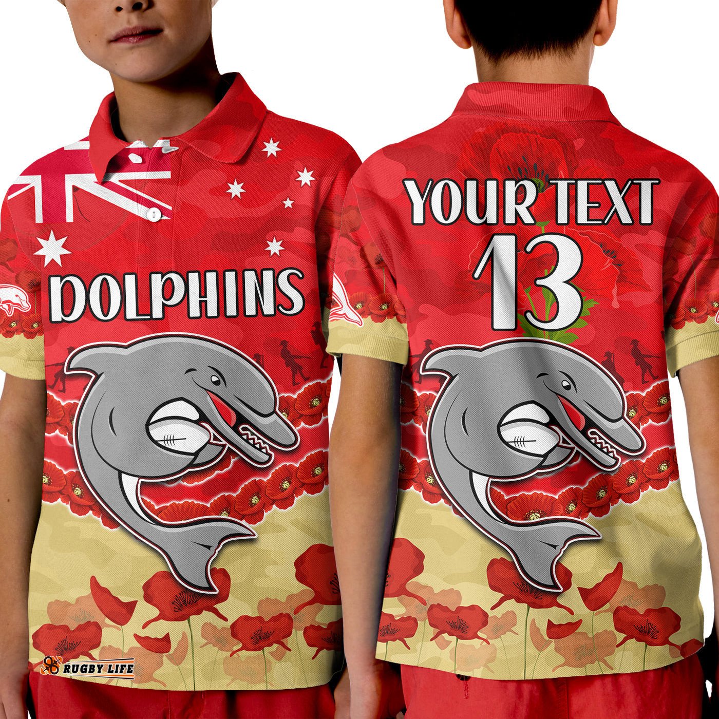 Custom Text and Number Dolphins Rugby Polo Shirt KID ANZAC Day Lest We Forget