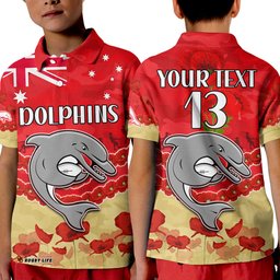 Custom Text and Number Dolphins Rugby Polo Shirt KID ANZAC Day Lest We Forget