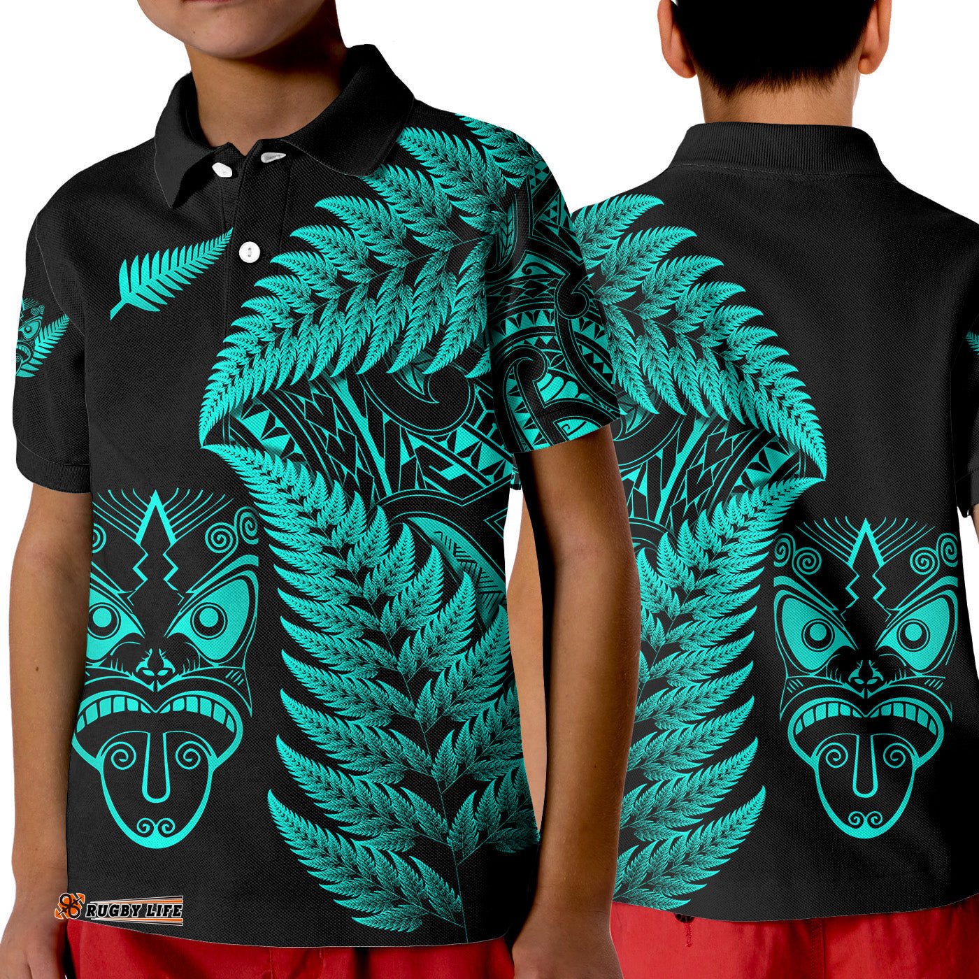 New Zealand Haka Rugby Maori Polo Shirt KID Silver Fern Vibes - Turquoise