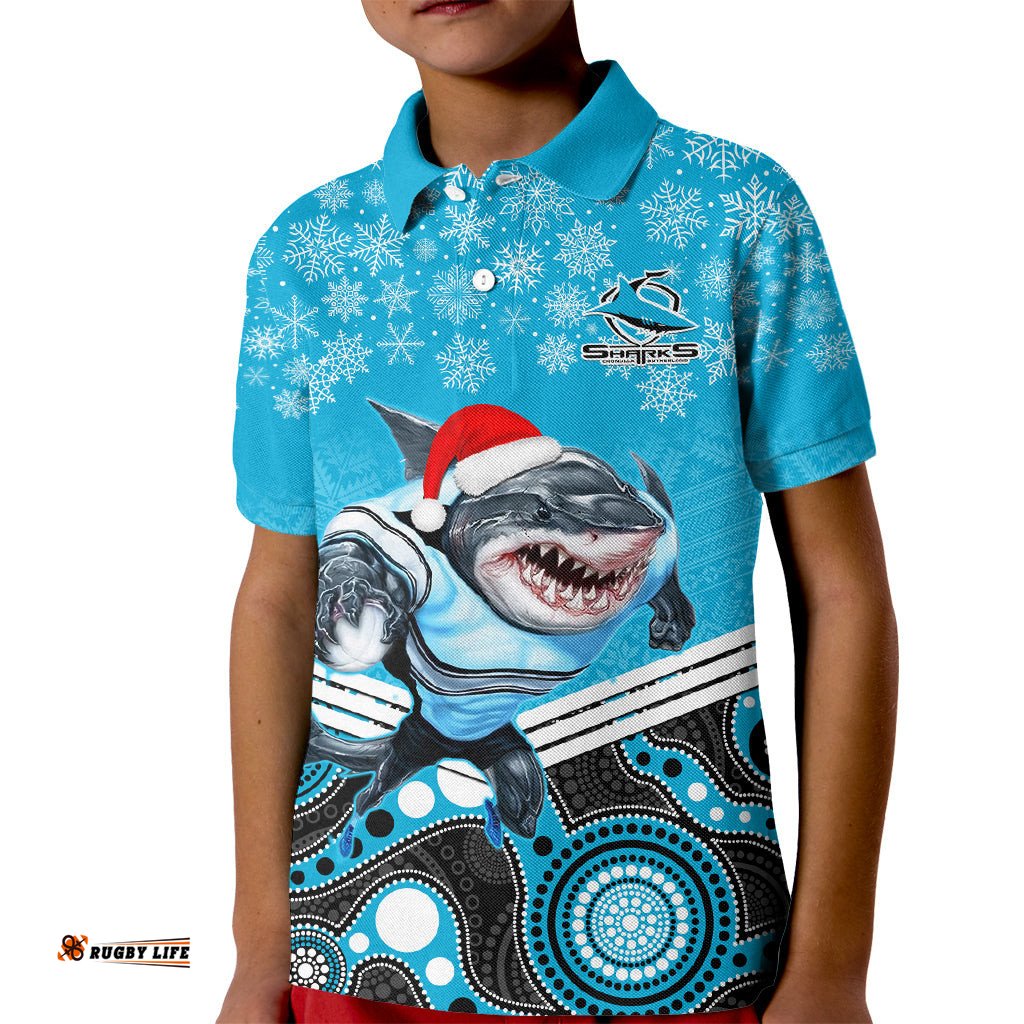 Custom Sharks Rugby Christmas Kid Polo Shirt Merry XmasMix Aboriginal Art