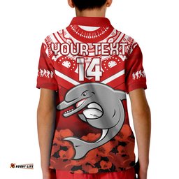 Custom Text And Number Dolphins Rugby ANZACPolo Shirt KID Dots Poppy Mix Camouflage Lest We Forget