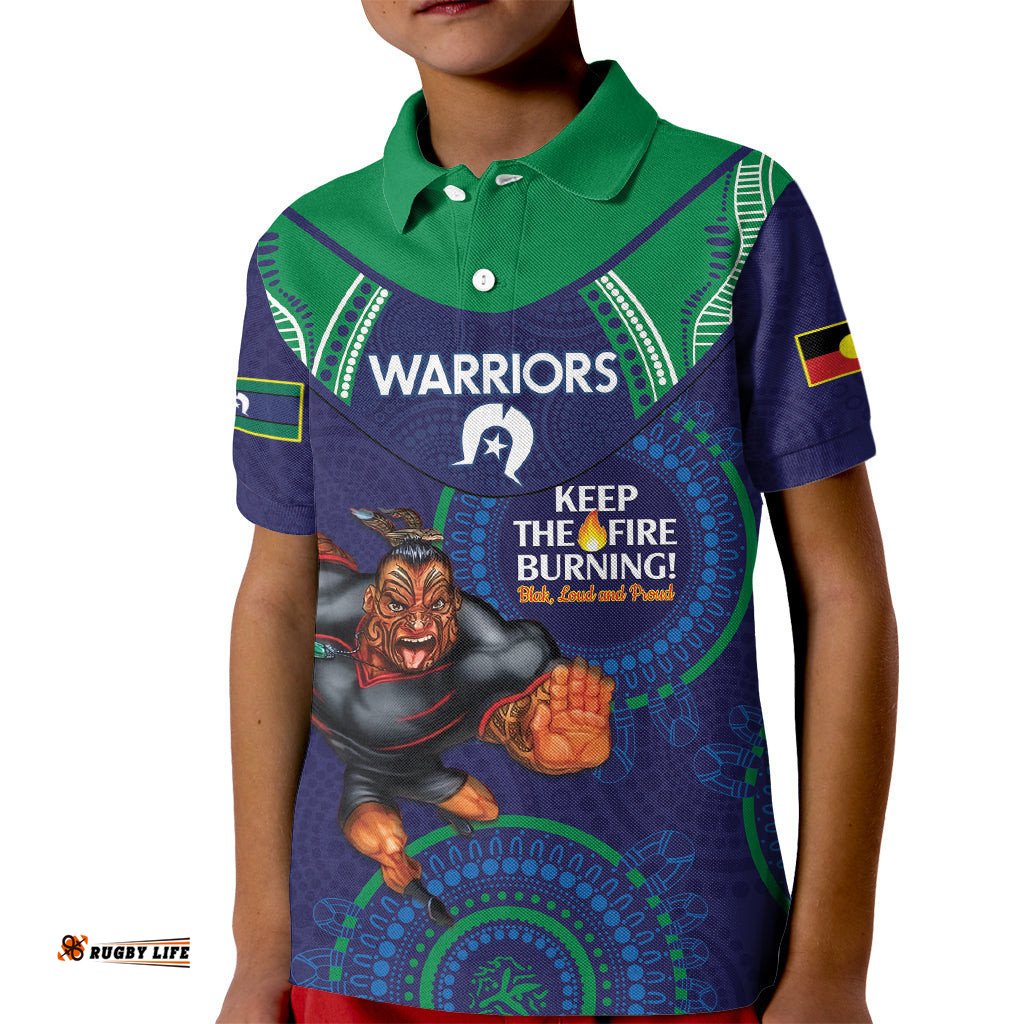 Custom NRL Warriors NAIDOC Week Kid Polo Shirt Keep The Fire Burning Indigenous Art