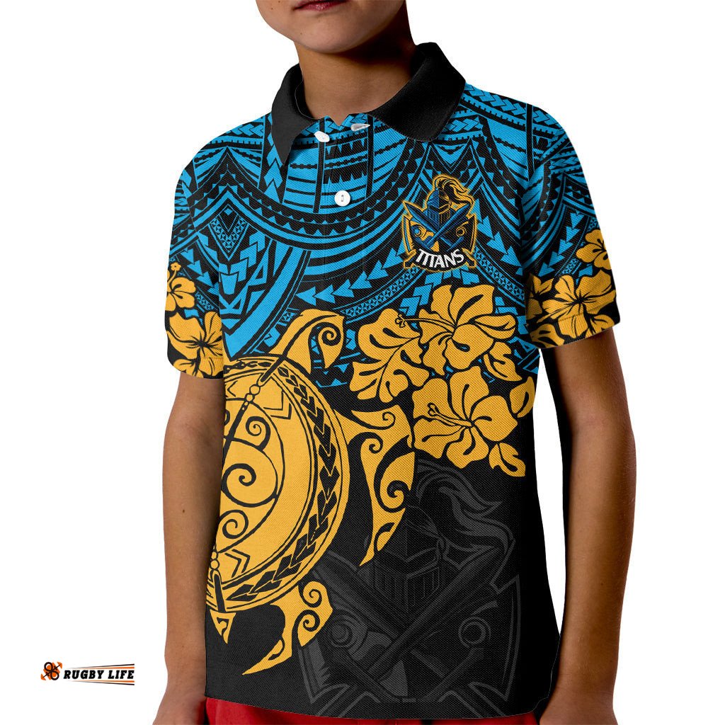 Custom Titans Rugby Kid Polo Shirt GLD Hibiscus and Turtle With Polynesian Pattern
