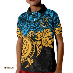 Custom Titans Rugby Kid Polo Shirt GLD Hibiscus and Turtle With Polynesian Pattern