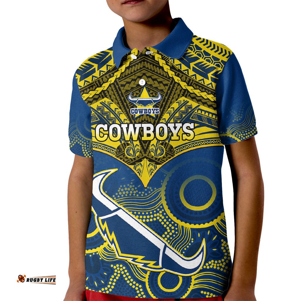 Cowboys Rugby Kid Polo Shirt Aboriginal Mix Polynesian Pattern