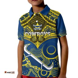 Cowboys Rugby Kid Polo Shirt Aboriginal Mix Polynesian Pattern