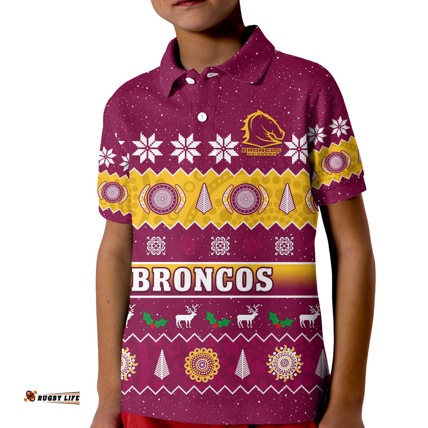 Broncos Christmas Polo Shirt KID Brisbane Aboriginal Art Merry Xmas
