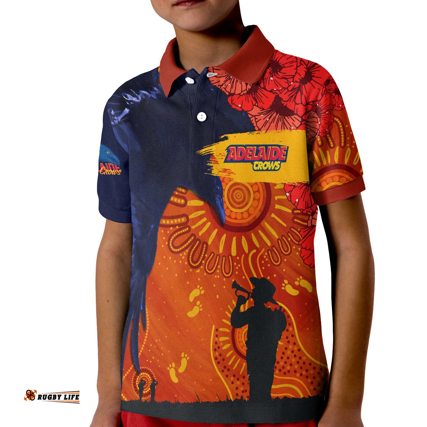 Custom Personalised Adelaide Crows Indigenous Anzac Day KID Polo Shirt We Will Remember