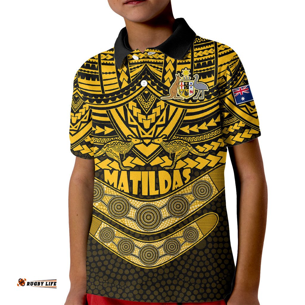 Custom Matildas Soccer Kid Polo Shirt Polynesian and Aboriginal Gold Vibe