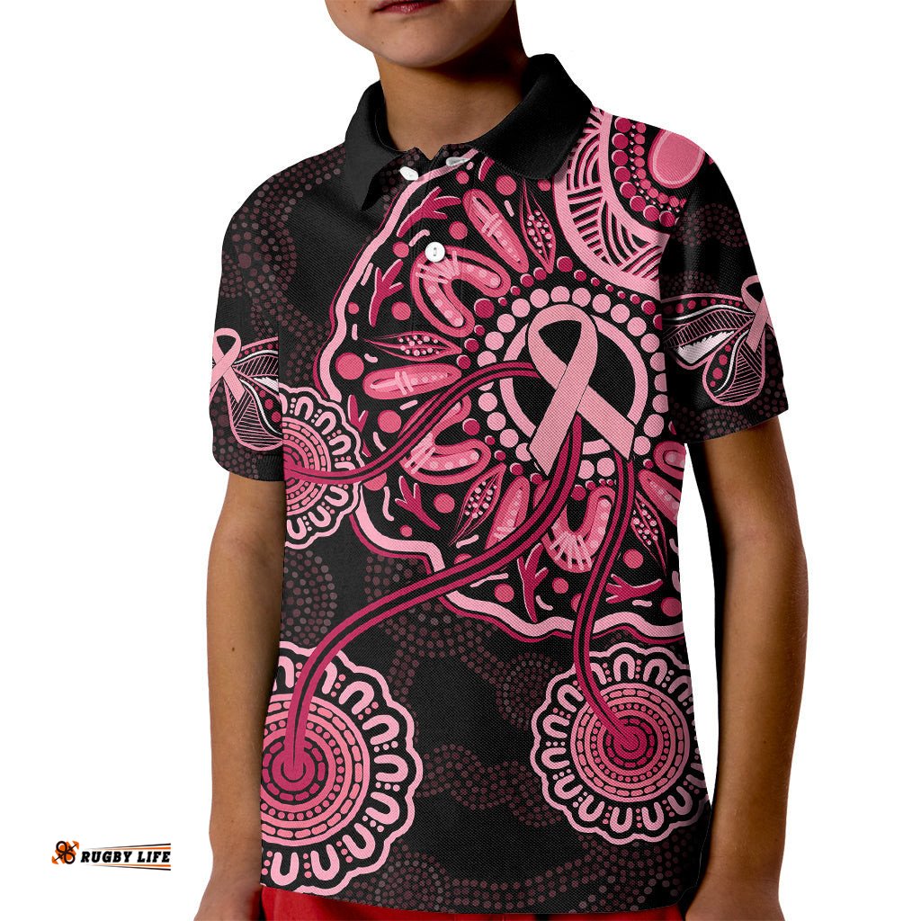 Australia Indigenous Kid Polo Shirt Breast Cancer Ribbon Aboriginal Art - Black