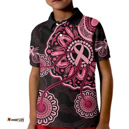Australia Indigenous Kid Polo Shirt Breast Cancer Ribbon Aboriginal Art - Black