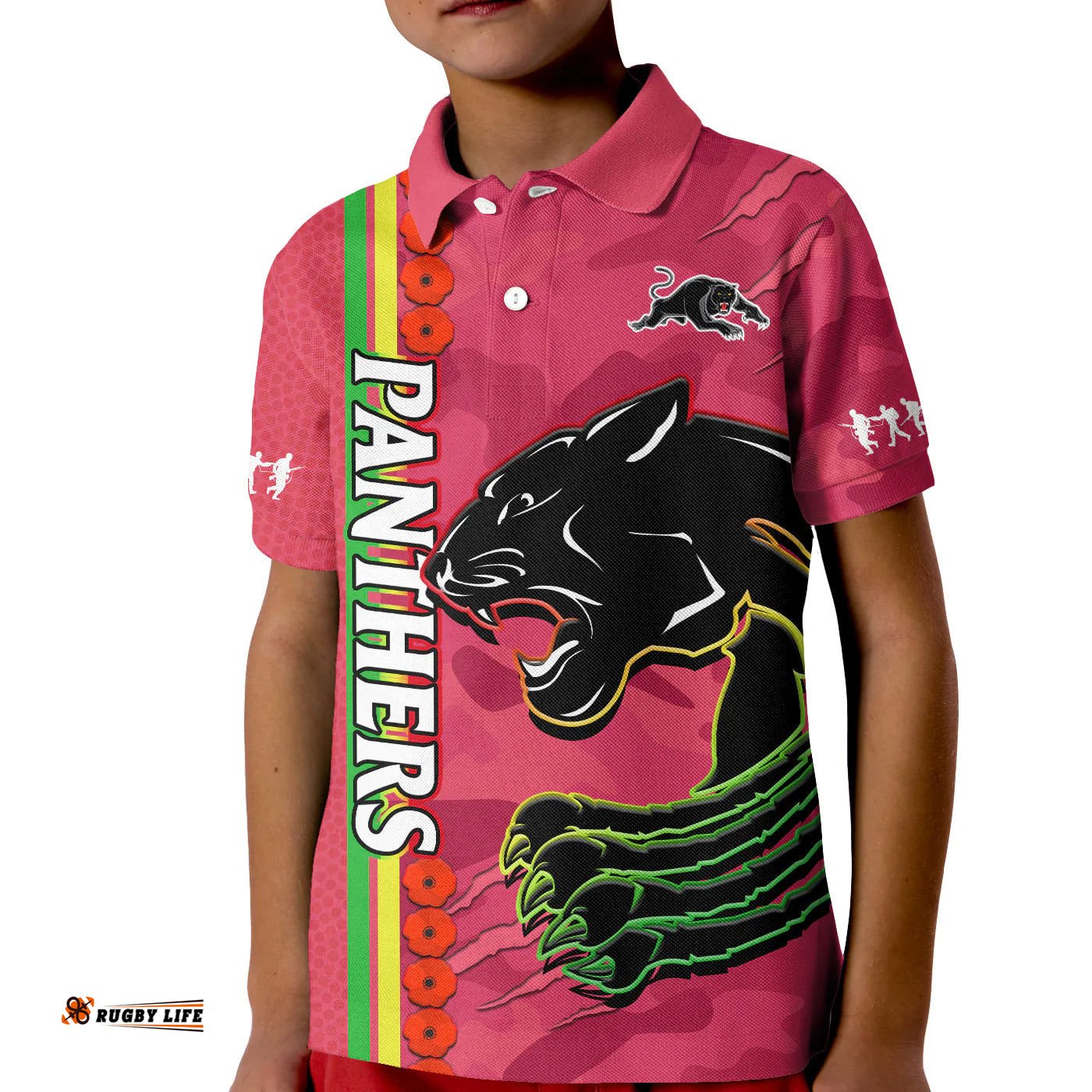 Panthers Rugby ANZAC Polo Shirt KID Aboriginal Mix Poppy Camouflage Pink