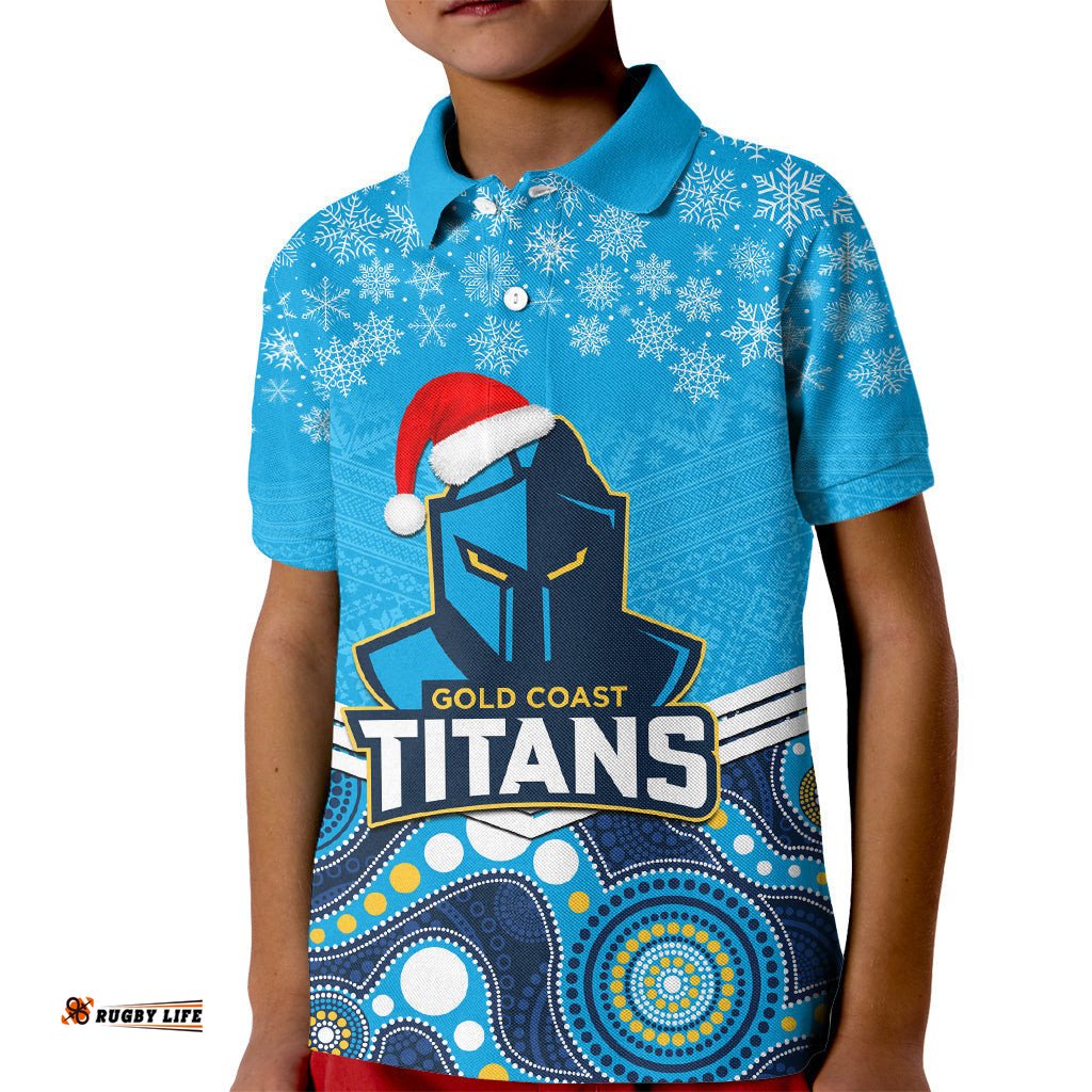 Custom Titans Rugby Christmas Kid Polo Shirt Merry XmasMix Aboriginal Art