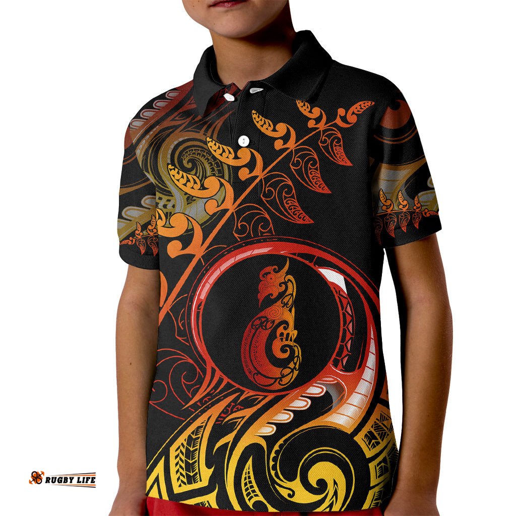 New Zealand Kid Polo Shirt Aotearoa Manaia Maori Fern Tattoo Arty