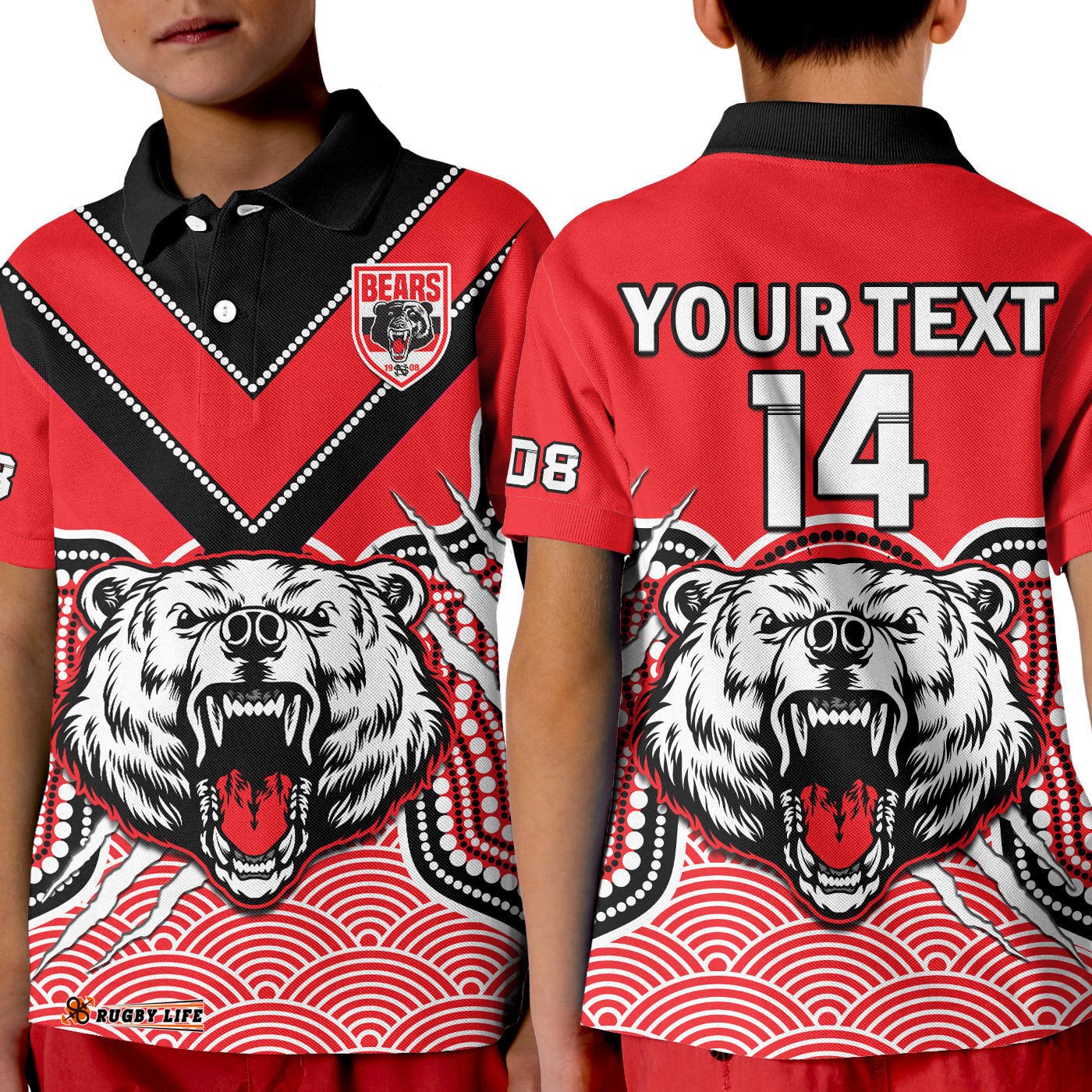Custom Text And Number North Sydney Rugby Polo Shirt KID Bears 1908 Indigenous Pattern