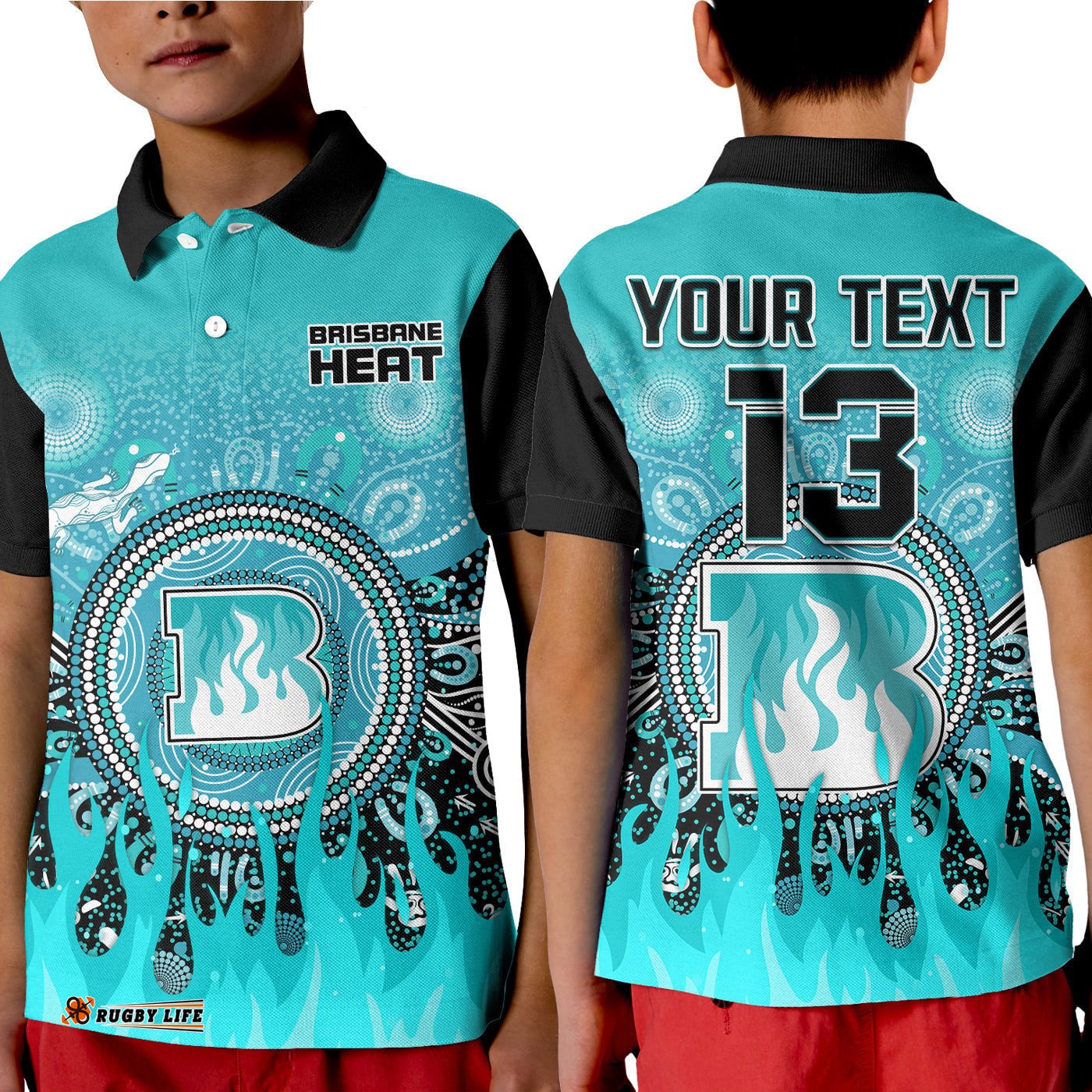 Custom Text and Number Brisbane Heat Polo Shirt KID Aboriginal Dot Fire Australia Cricket