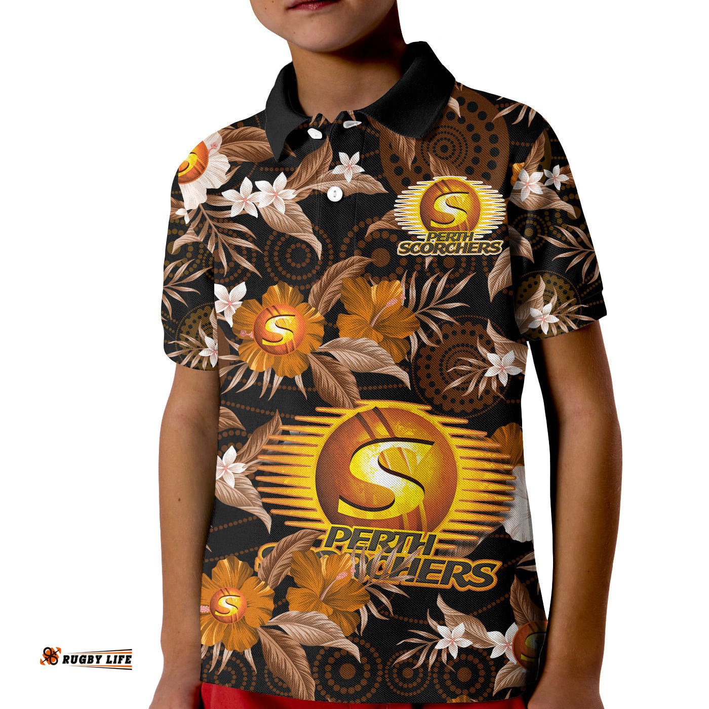 Perth Scorchers Cricket Polo Shirt KID Aboriginal Art Mix Tropical Flowers