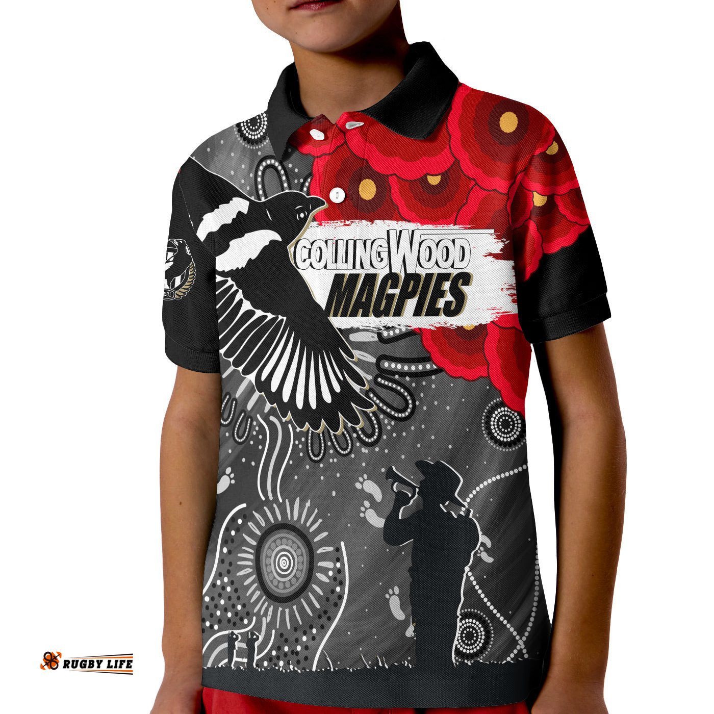 Custom Personalised Collingwood Magpies Indigenous Anzac Day KID Polo Shirt We Will Remember