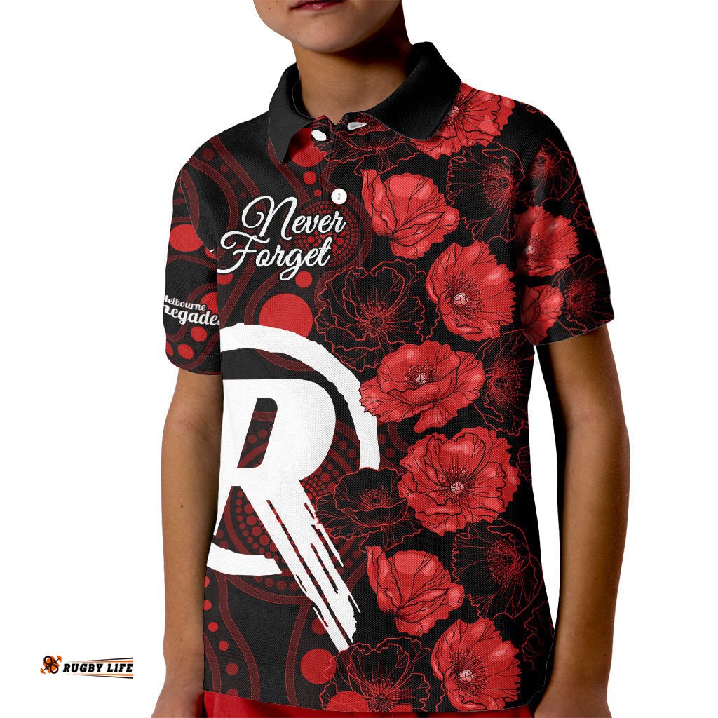 Renegades Cricket Never Forget Custom Kid Polo Shirt ANZAC Day with Poppy Aboriginal