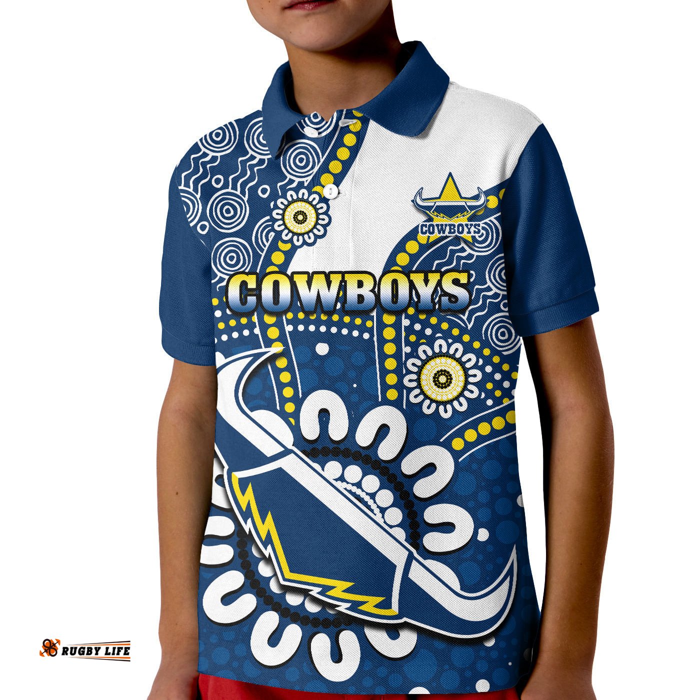 Custom Text And Number Cowboys Rugby Polo Shirt KID Indigenous Art