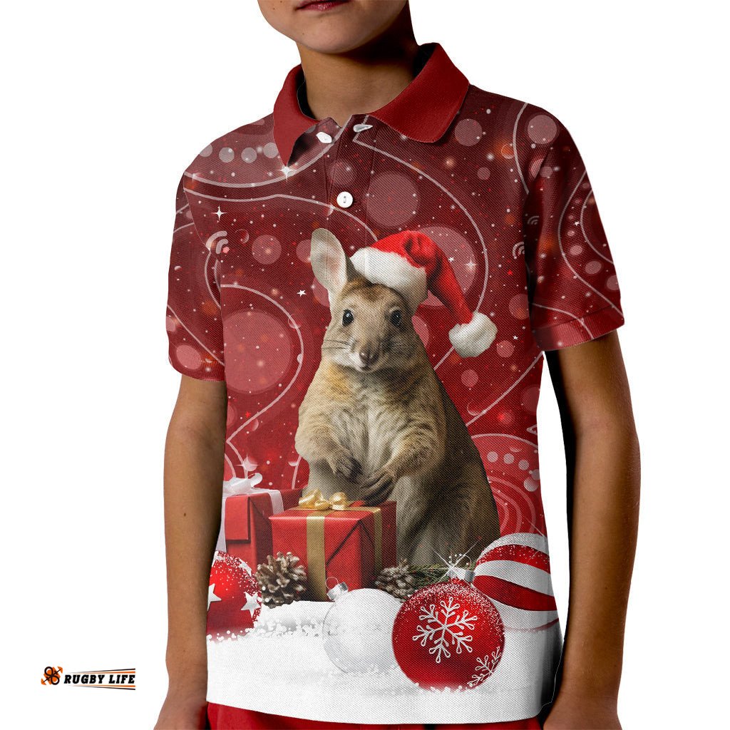 Australia Christmas Wallaby Kid Polo Shirt Aboriginal Art