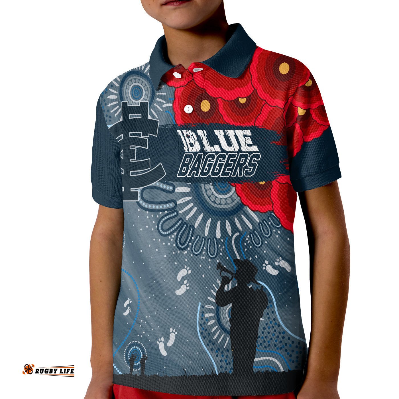 Custom Personalised Carlton Blue Baggers Indigenous Anzac Day KID Polo Shirt We Will Remember